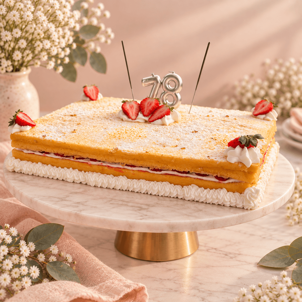 Bolo de aniversário retangular com morangos, chantilly e velas numéricas.