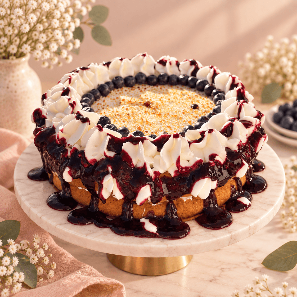 Bolo com cobertura de chantilly, mirtilos frescos e calda de frutos vermelhos.