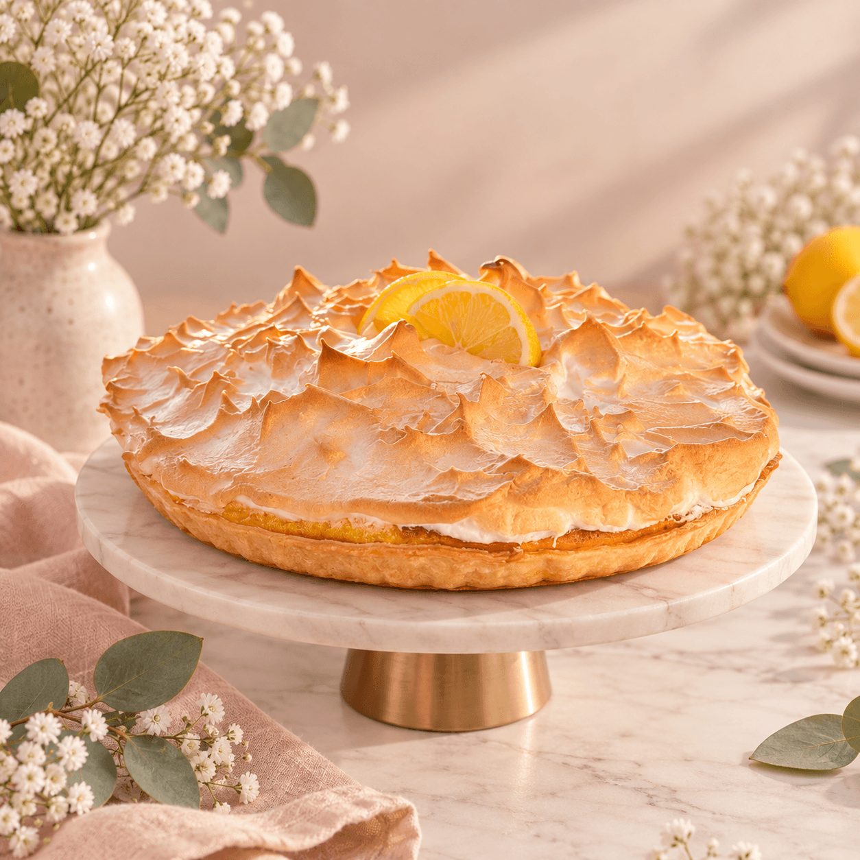 Tarte de limão merengada com merengue tostado e rodela de limão, sobre prato de mármore.
